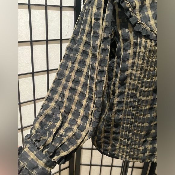 Topshop Black and khaki GINGHAM PLAID, PETER PAN RUFFLE COLLAR  TOP US SIZE 6 - Picture 6 of 9